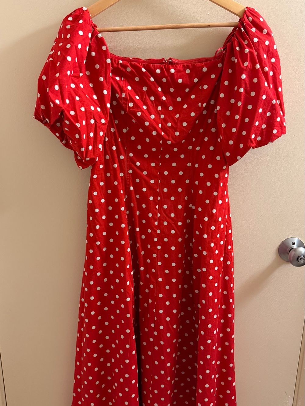 Red Polka Dot Puff Sleeve Midi Dress